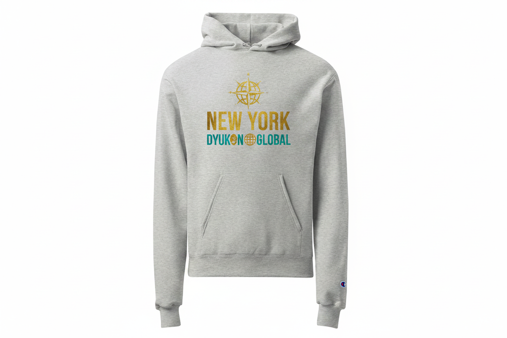 Champion Hoodie with Dyukon Global gold globe logo