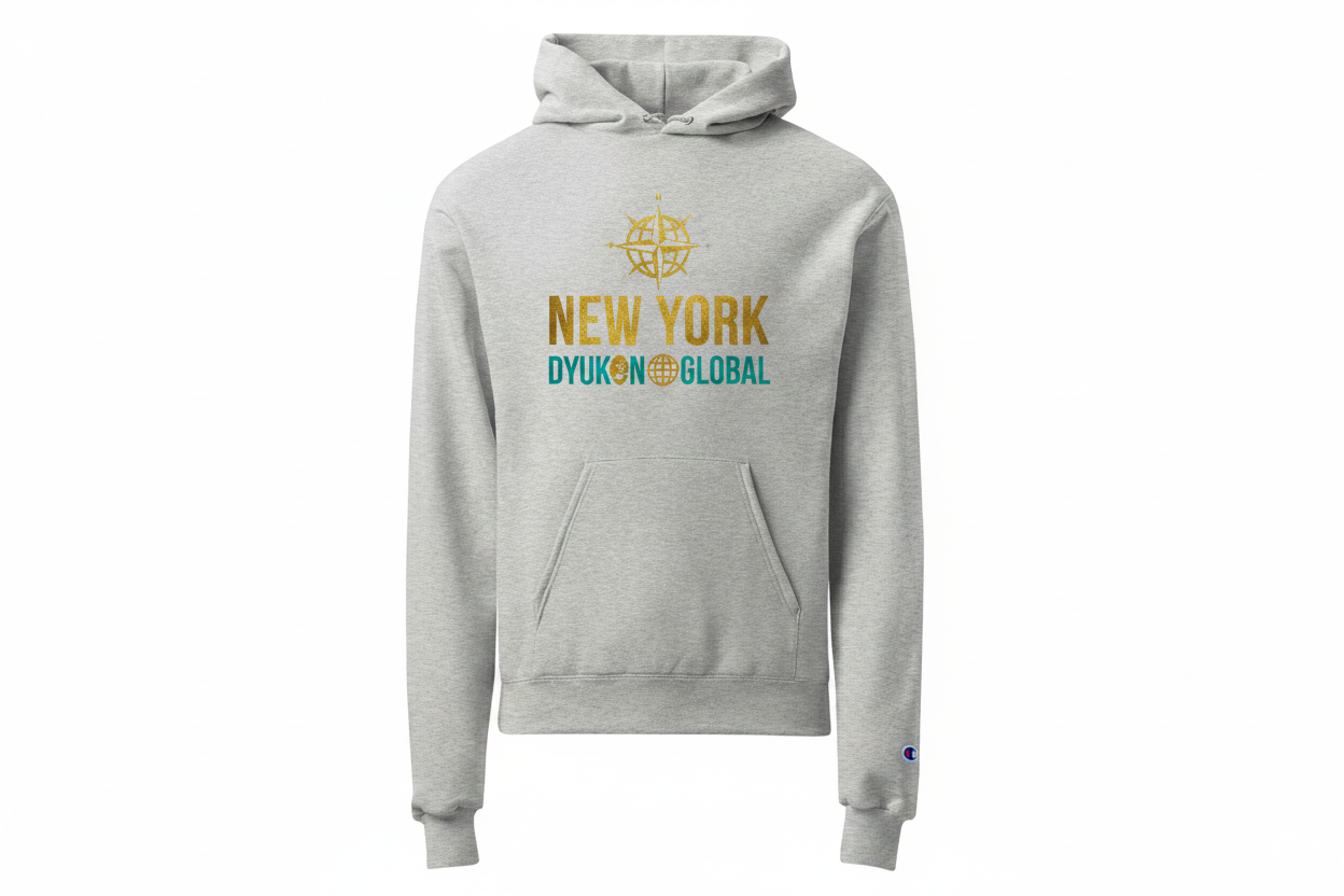 Champion Hoodie with Dyukon Global gold globe logo