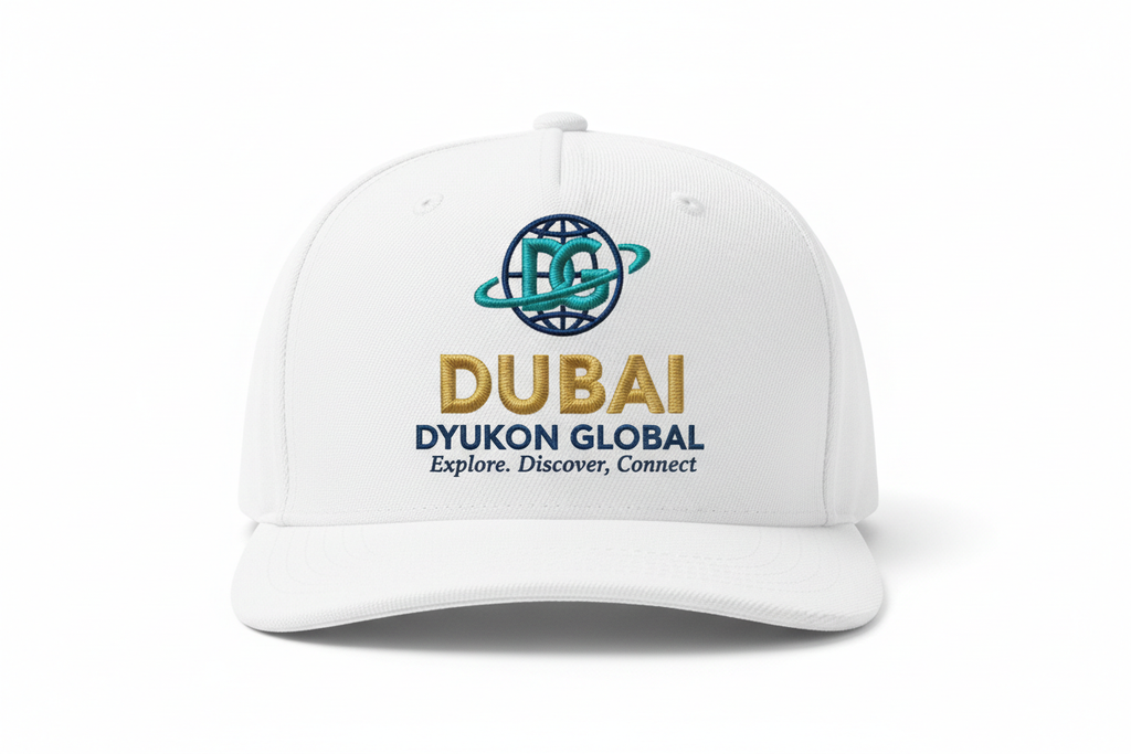 Dubai Cap with DG logo and Explore. Discover. Connect.