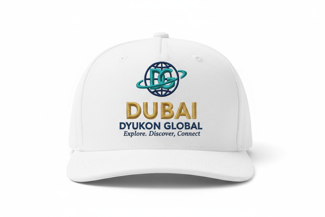 Dubai Cap with DG logo and Explore. Discover. Connect.