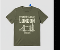 Dyukon Global London Tee — olive green with Tower Bridge graphic and June 2026 date