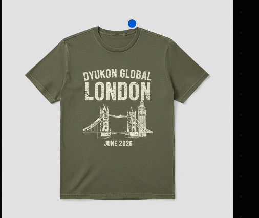 Dyukon Global London Tee — olive green with Tower Bridge graphic and June 2026 date