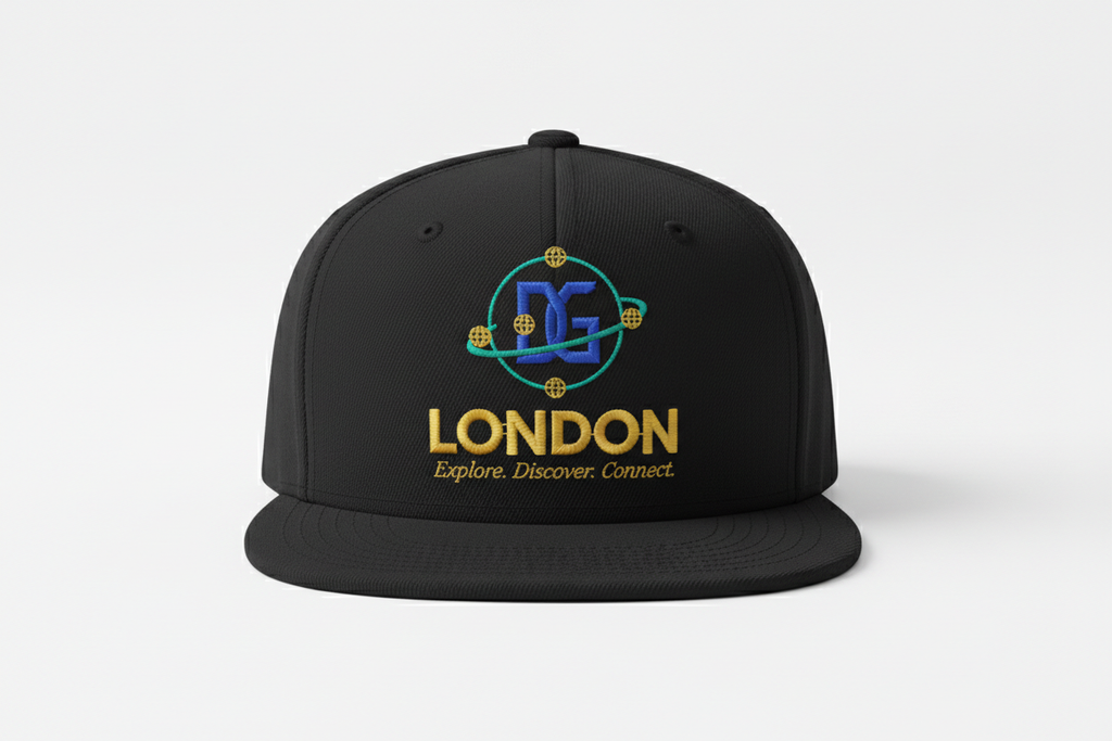 London Cap with DG logo, London, Explore. Discover. Connect.