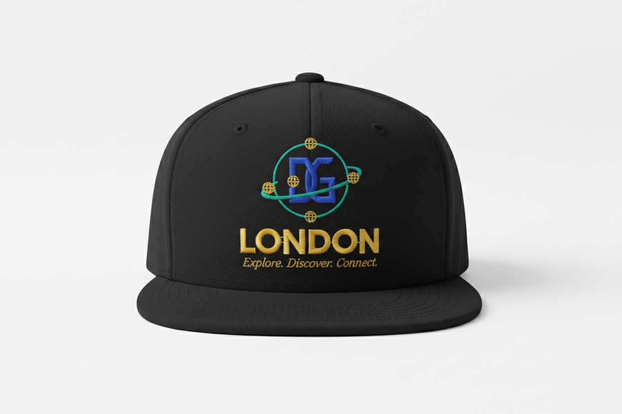 London Cap with DG logo, London, Explore. Discover. Connect.