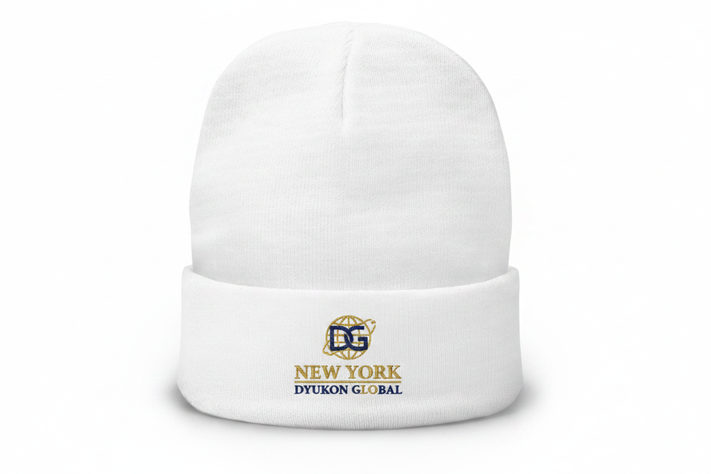 Embroidered Beanie with Dyukon Global gold globe logo
