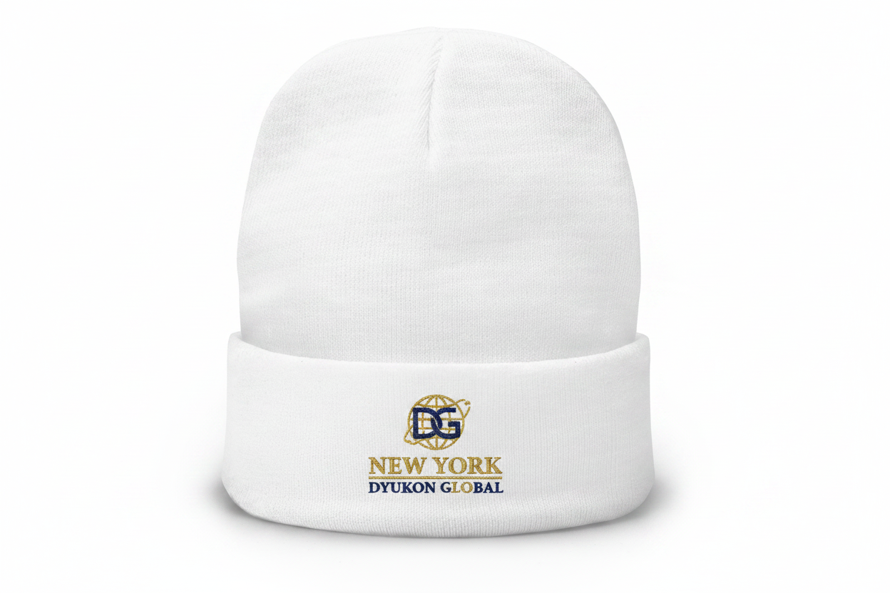 Embroidered Beanie with Dyukon Global gold globe logo