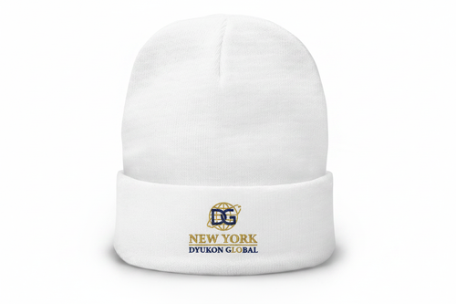 Embroidered Beanie with Dyukon Global gold globe logo