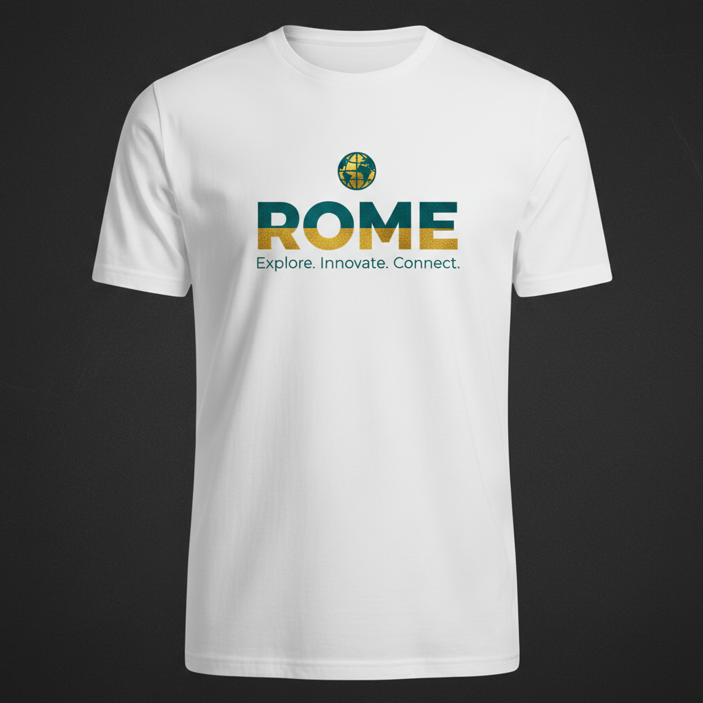 Rome Tee — globe icon, ROME, Explore. Innovate. Connect.