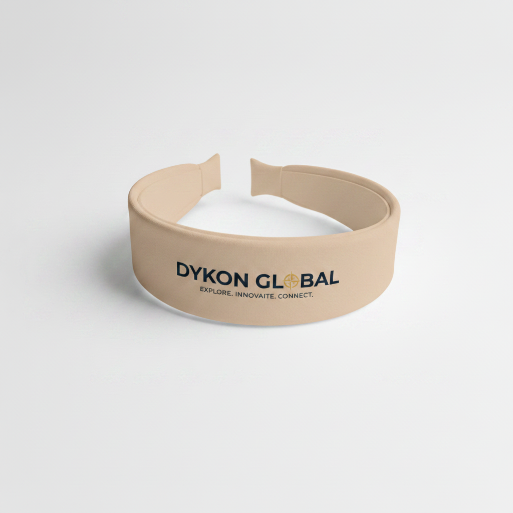 Beige elastic headband with Dyukon Global navy blue logo