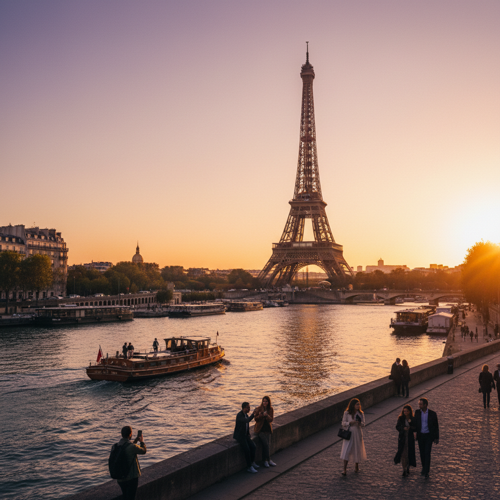 Eiffel Tower at golden hour with Seine river