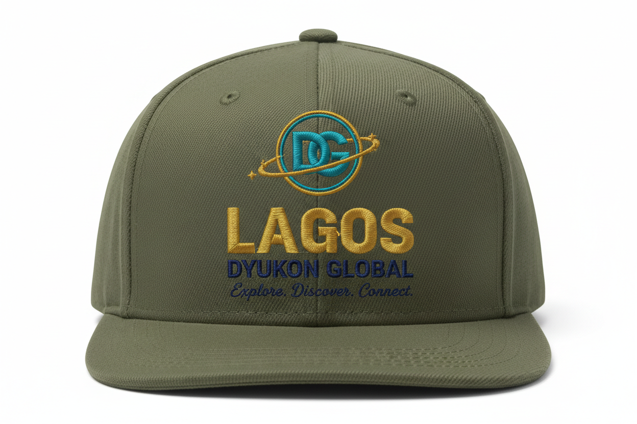Lagos Cap with DG logo and Explore. Discover. Connect.