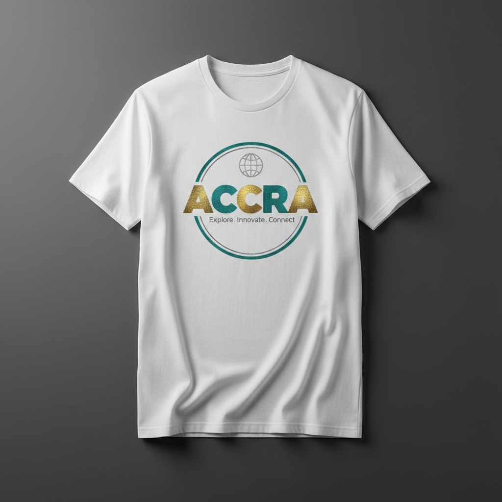 Accra Tee — globe icon, ACCRA, Explore. Innovate. Connect.