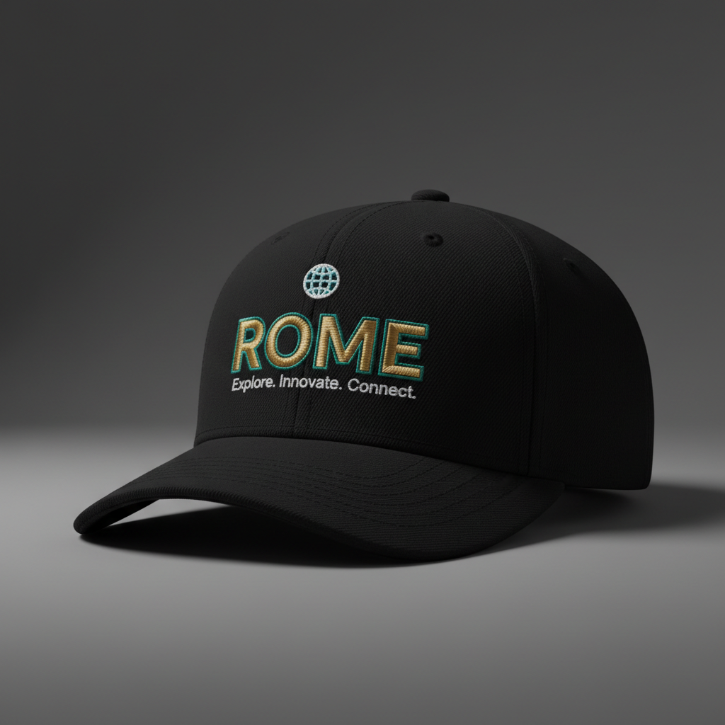 Rome Cap — globe icon, ROME, Explore. Innovate. Connect.