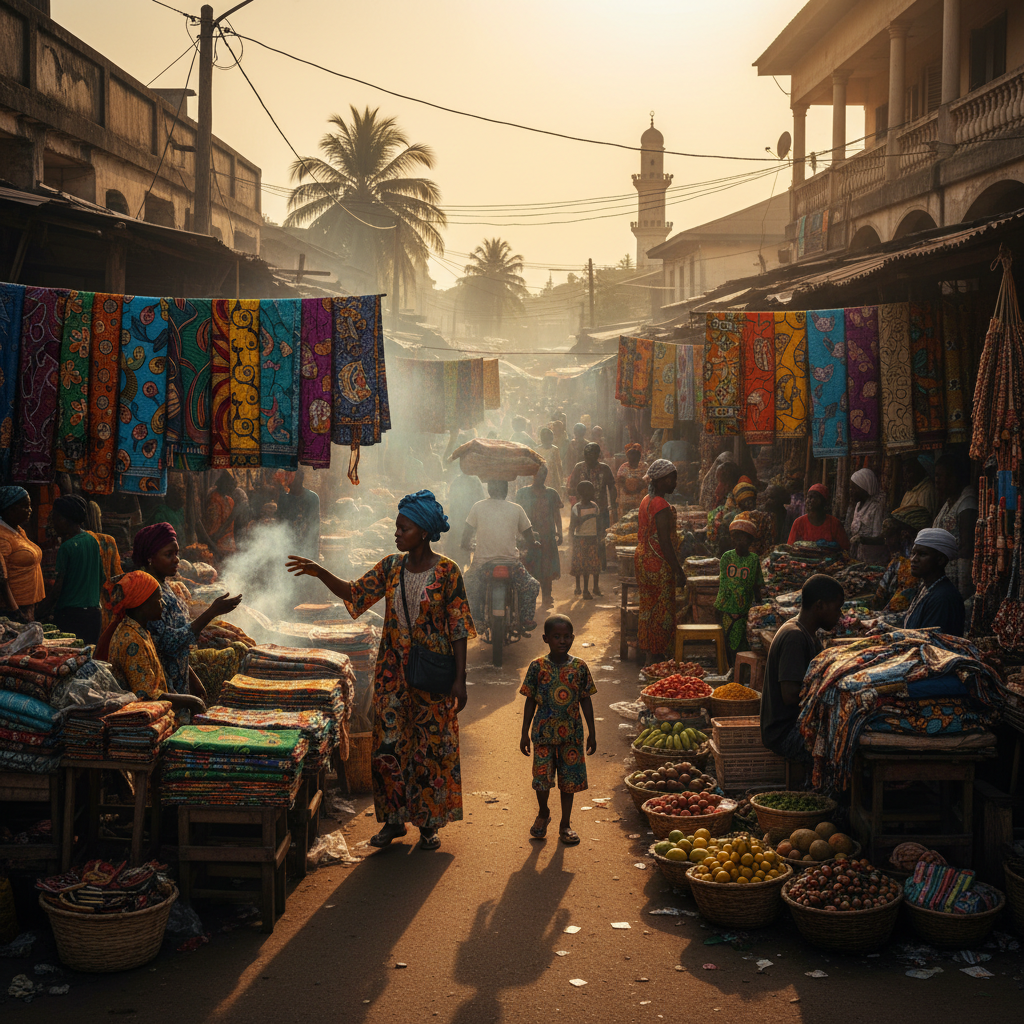 Lagos street market with colorful fabrics