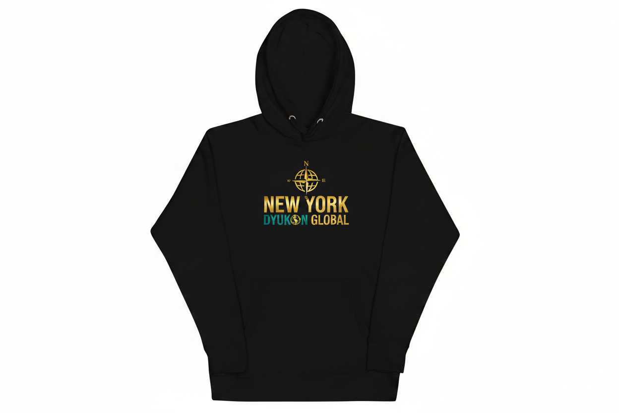 Unisex Hoodie with Dyukon Global gold globe logo