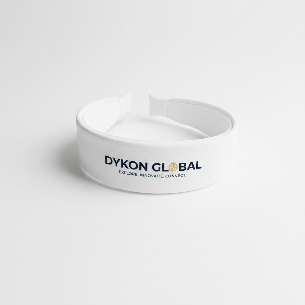 White elastic headband with Dyukon Global navy blue logo