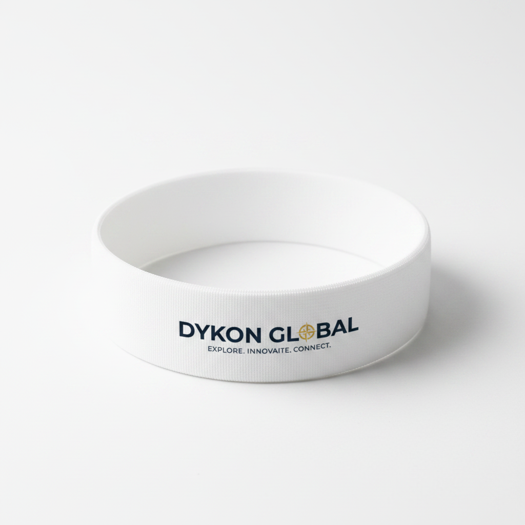 Full elastic white headband with Dyukon Global navy blue logo