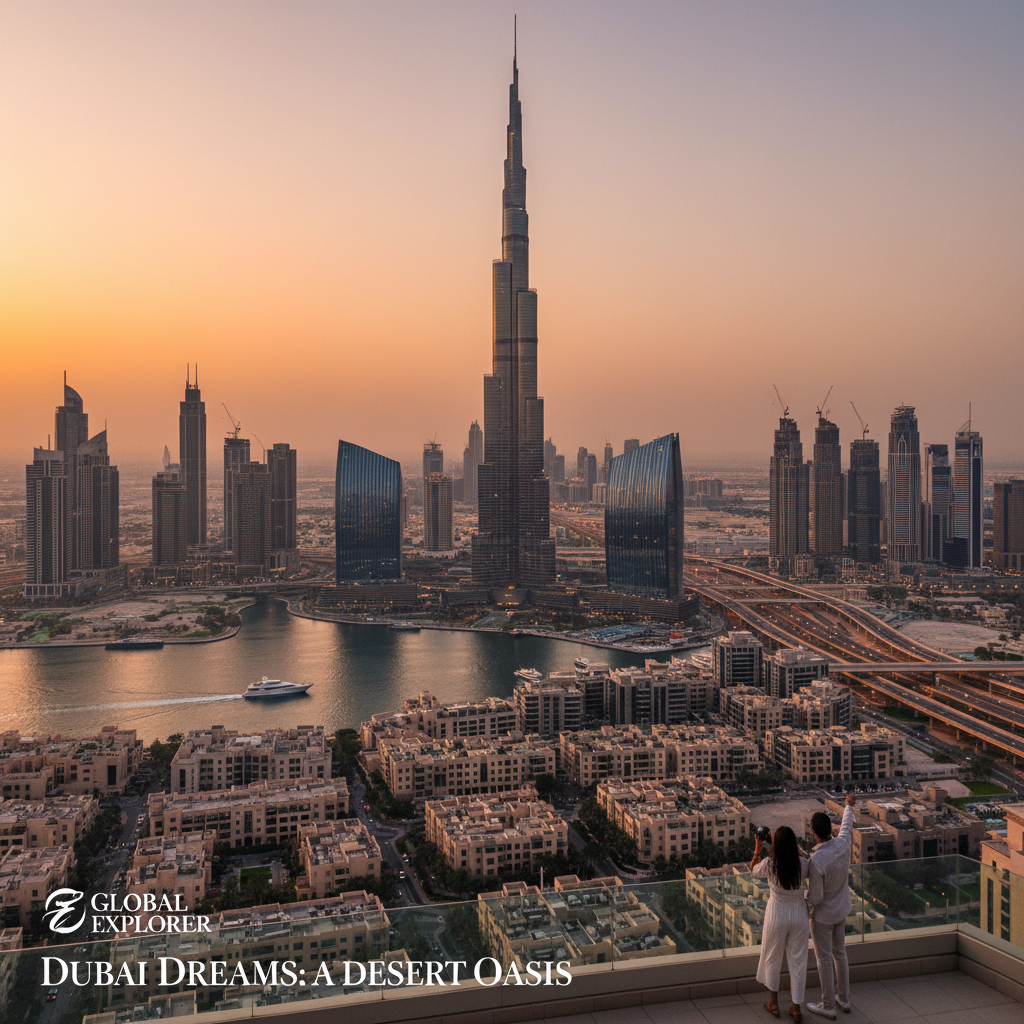 Dubai skyline at golden hour with Burj Khalifa