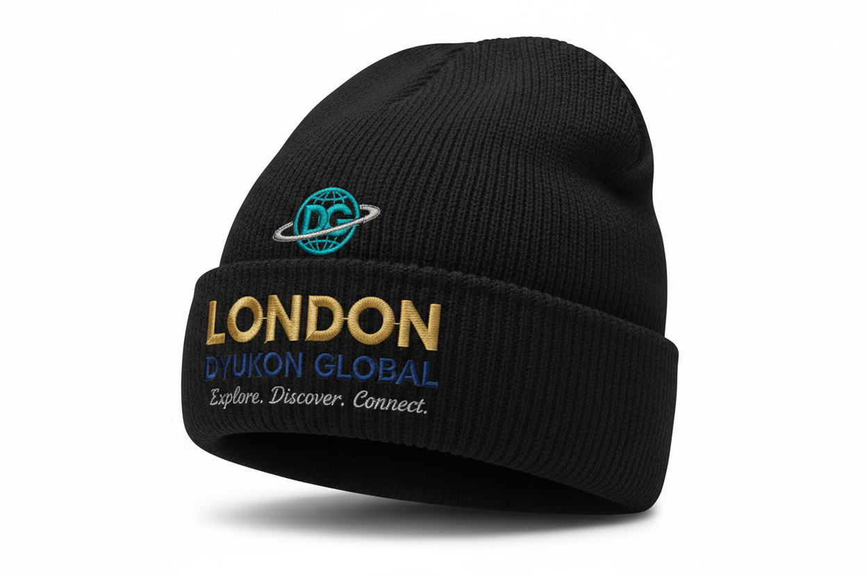 London Winter Cap with DG logo and Explore. Discover. Connect.