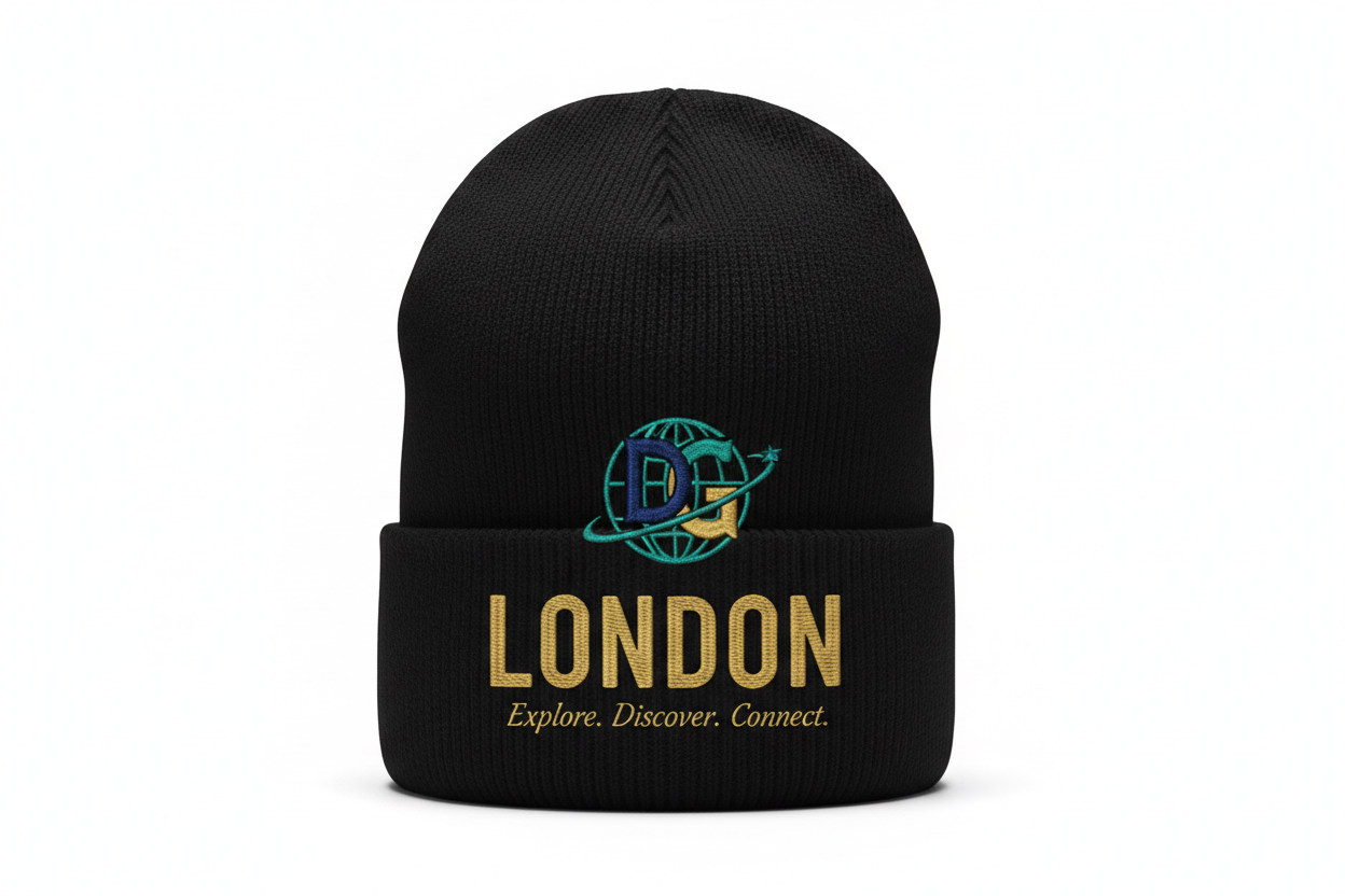 London Winter Cap with DG logo, London, Explore. Discover. Connect.