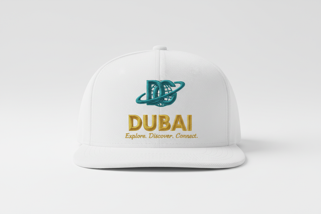 Dubai Cap with DG logo, Dubai, Explore. Discover. Connect.