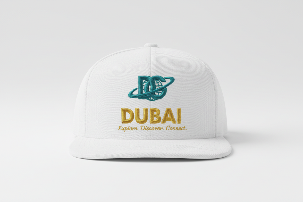 Dubai Cap with DG logo, Dubai, Explore. Discover. Connect.