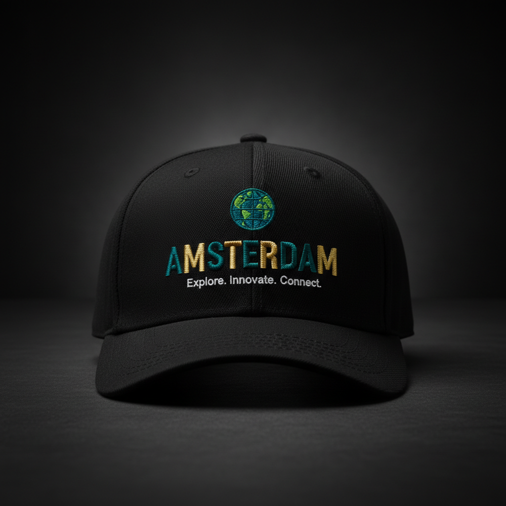 Amsterdam Cap — globe icon, AMSTERDAM, Explore. Innovate. Connect.
