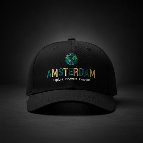 Amsterdam Cap — globe icon, AMSTERDAM, Explore. Innovate. Connect.