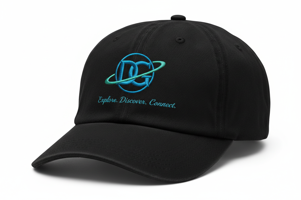 Vintage Cap with DG logo and Explore. Discover. Connect.