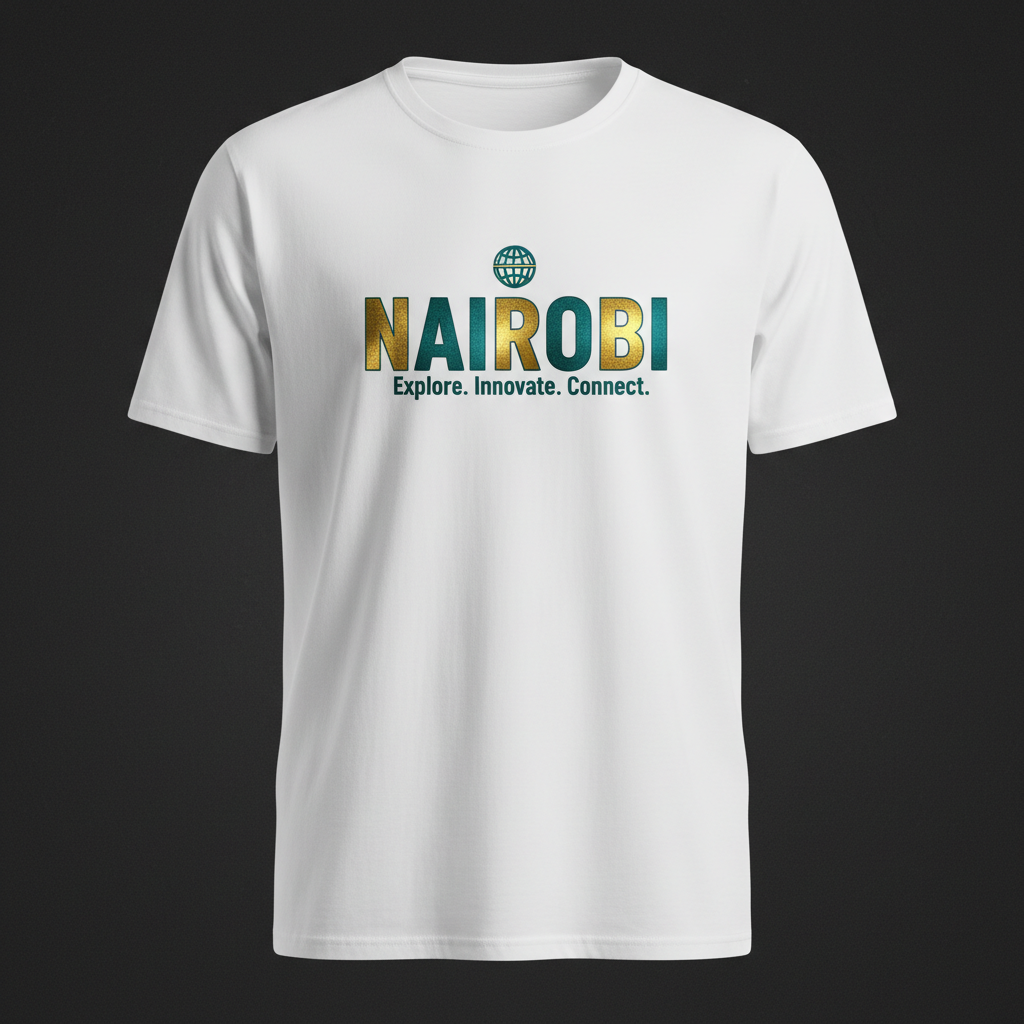 Nairobi Tee — globe icon, NAIROBI, Explore. Innovate. Connect.